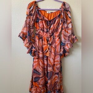 Orange and Blue Floral Long Sleeve Dress